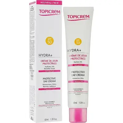 Topicrem Hydra+ Protective Day Cream Sensitive Skin SPF50 40ml يرطب البشرة مع حمايتها من التعرض لأشعة الشمس. في الوقت نفسه ، يضيء البشرة.